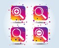 Magnifier glass icons. Plus and minus zoom tool. Royalty Free Stock Photo