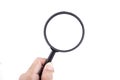 Magnifier glass in man hand isolated on white background Royalty Free Stock Photo