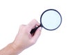 Magnifier glass in man hand isolated on white background Royalty Free Stock Photo