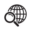 Magnifier and globe icon, search for a place on a map or on the globe icon. The icon of the magnifying glass and planet Earth.