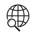 Magnifier and globe icon, search for a place on a map or on the globe icon. The icon of the magnifying glass and planet Earth.