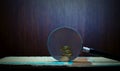 Magnifier and gold coins. Royalty Free Stock Photo