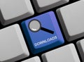 Magnifier Icon on blue computer keyboard - Find Downloads Royalty Free Stock Photo