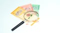 Magnifier with Malaysia bank notes.concept photo.