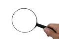 Magnifier in man hand isolated on white background. Royalty Free Stock Photo