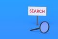 Magnifier near billboard with word search. Detective agency advertising