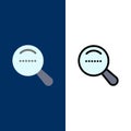 Magnifier, Search, Dote Icons. Flat and Line Filled Icon Set Vector Blue Background