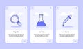 Magnifier test tube pipette onboarding screen for mobile apps template banner page UI with three variations modern flat