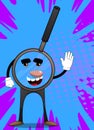 Magnifier with waving hand. Cartoon Character