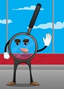 Magnifier with waving hand. Cartoon Character