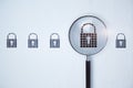 Magnifier zooming in on padlock icon on background. Web secuirty concept. 3D Rendering Royalty Free Stock Photo