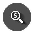 Magnify glass with dollar sign icon in flat style. Loupe, money Royalty Free Stock Photo