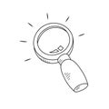 Magnify glass in doodle style, hand drawn sketch. Search symbol icon in cartoon style, vector illuistration. Isolated