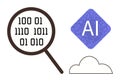 Magnifying Binary Code and AI Concept with Cloud Representation for Technology and Data Themes Royalty Free Stock Photo
