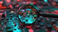 Magnifying Circuit Board Detail, Neon Lights, Tech Inspection Royalty Free Stock Photo