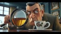 A magnifying gl holding a mug of tea trying to decipher a cryptic clue while his colleagues jealously eye his break time