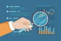 Magnifying glass above finance graphs, paper document, business report. Analysis chart. Hand with magnifier.