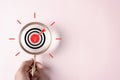Magnifying glass aiming objective dart board target with arrow and idea creative light bulb icon. Business goal to success Royalty Free Stock Photo