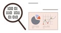 Magnifying Glass Analyzing Binary Code Alongside Data Visualization with Pie and Line Graphs Royalty Free Stock Photo