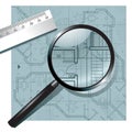 Magnifying glass on the architectural project Royalty Free Stock Photo
