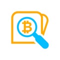 Magnifying glass with bitcoin currency money symbol for icon search, bitcoin coin with magnifying glass for button app, research