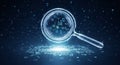 A magnifying glass with a blue futuristic background and grid pattern symbolizing data analysis and investigation in a digital Royalty Free Stock Photo