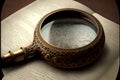 Magnifying glass and book on a brown background. Close-up.