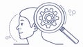Magnifying glass on brain outline, cognitive process exploration, Vector Design, Generative AI