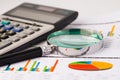 Magnifying glass and calculator on charts graphs paper. Royalty Free Stock Photo