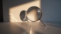 Magnifying Glass Casting Shadow on White Surface in Warm Lighting - AI Generated Royalty Free Stock Photo