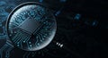Magnifying glass centered over a black microchip with blue circuitry patterns on a