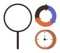 Magnifying Glass, Circular Process Arrows, and Clock Representing Analysis, Time and Workflow Royalty Free Stock Photo