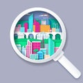 Magnifying glass with city elements inside, vector illustration in paper art style. Search for house, real estate.