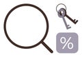 Magnifying Glass, Key Pair, and Percentage Symbol Representing Investigation, Security, and Analytics Royalty Free Stock Photo