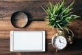 Magnifying glass, clock, green plant and digital tablet with blank screen on wooden table background Royalty Free Stock Photo