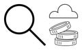 Magnifying Glass, Cloud, and Coins Representing Data Analysis and Financial Insights Royalty Free Stock Photo