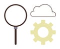 Magnifying Glass, Cloud, and Gear Representing Search, Cloud Computing, and Process Optimization Royalty Free Stock Photo