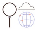 Magnifying Glass, Cloud, and Globe Representing Search and Connectivity Concepts Royalty Free Stock Photo