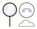 Magnifying Glass, Cloud, and Phone Receiver Depicting Analysis and Communication Concepts Royalty Free Stock Photo