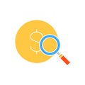 Magnifying glass with coin, money finder, money search, coin and loupe white outline icon. Finance, payment, invest Royalty Free Stock Photo