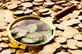 Magnifying glass and coins Royalty Free Stock Photo