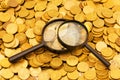 Magnifying glass and coins Royalty Free Stock Photo