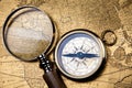 Magnifying glass & Compass, colorful bright journey theme Royalty Free Stock Photo