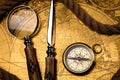 Magnifying glass & Compass, colorful bright journey theme Royalty Free Stock Photo