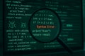Magnifying glass on computer code with syntax error and bugs Royalty Free Stock Photo