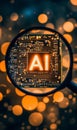 magnifying glass by dedicated AI microchip over circuit board, artificial intelligence and GPU cloud computing concept