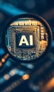 magnifying glass by dedicated AI microchip over circuit board, artificial intelligence and GPU cloud computing concept Royalty Free Stock Photo