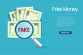 Magnifying glass detect fake money banknotes. Financial crime and illegal alert. Vector Illustration