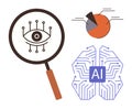 Artificial Intelligence Analysis Concept with AI Brain, Magnifying Glass, and Data Pie Chart Royalty Free Stock Photo
