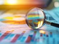Magnifying glass and documents with analytics data lying on table,selective focus Royalty Free Stock Photo